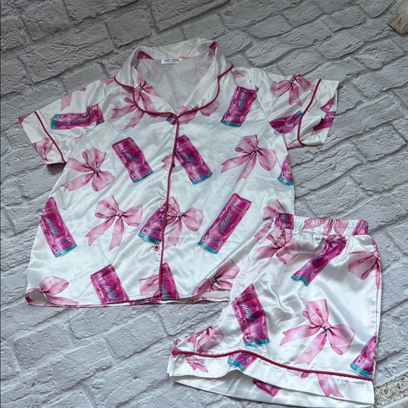 Alani Satin pajamas Pink White Set with Bow Print NEW - Picture 1 of 9